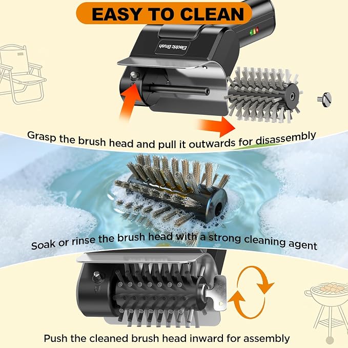 Electric Grill Brush with Dual Safety Lock, Ideal Gift for Men Dad Husband | Professional BBQ Cleaner with Submersible 304 SS Head, Splash-Proof Scrubber for Outdoor Grill (Orange Button)