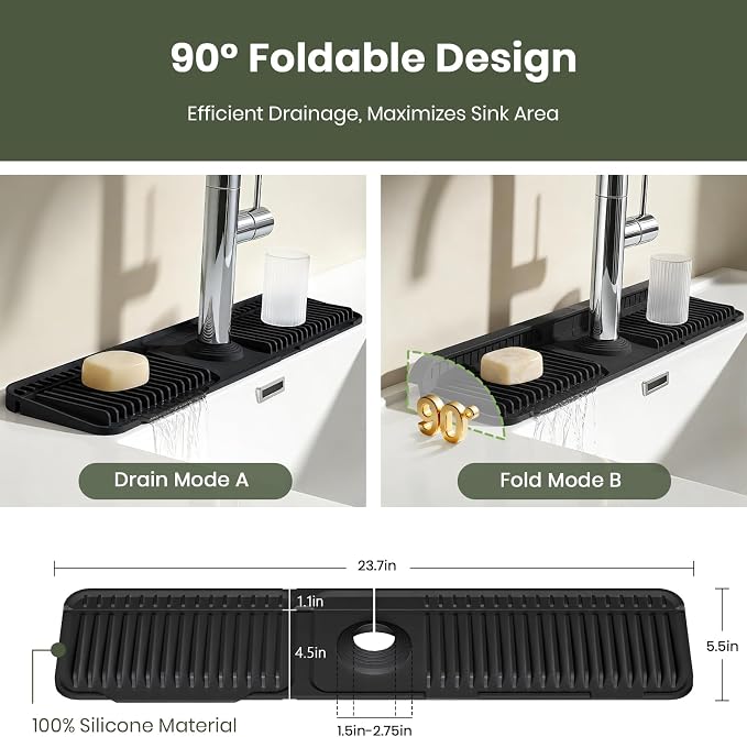 2PCS 24 Inch Faucet Mat for Kitchen Sink, Silicone Splash Guard for Kitchen Sink Area, 7° Slope Fast Self-Draining Sink Mat, Cuttable Hole Design, Sink Backsplash Guard Draining Mat, Black