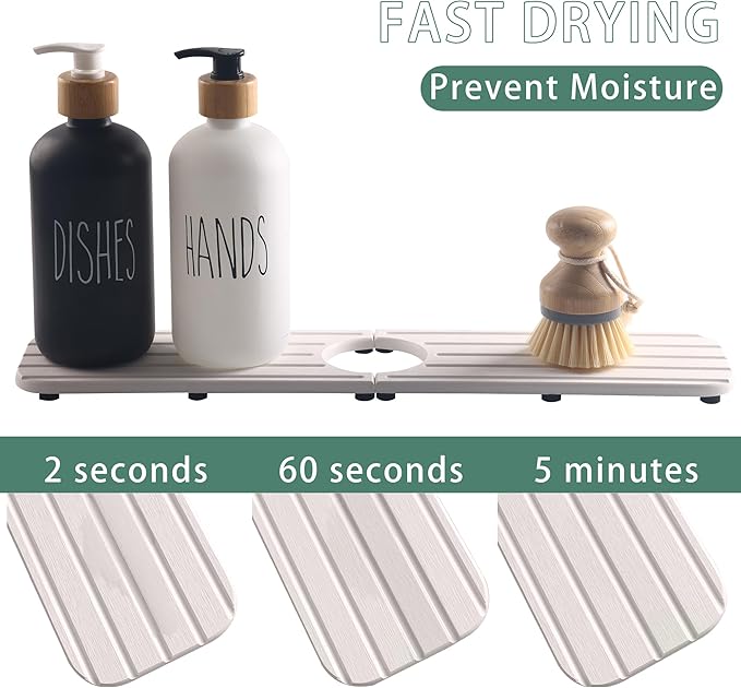 NiuYichee Faucet Mat for Kitchen Sink – Diatomite Stone Drying Mat, Absorbing Stone Tray for Bathroom Counter (White, 17.3" x 3.9")