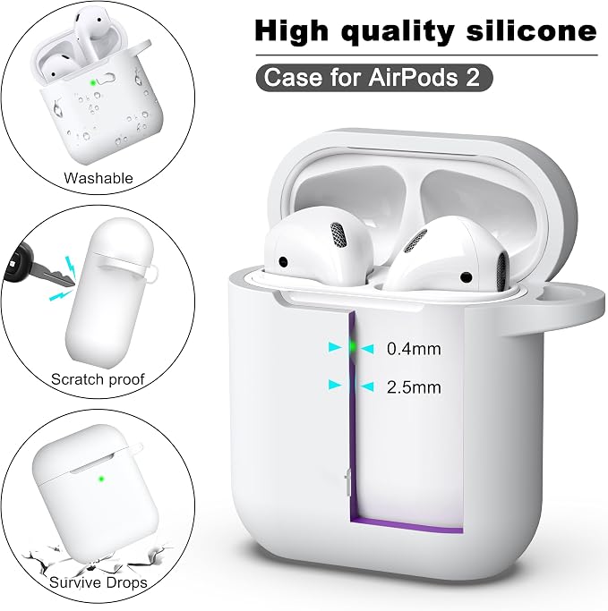 R-fun for AirPods 1/2 Case, Soft Silicone Protective Cover with Keychain and Cleaning Pen, Compatible with AirPods 2nd/1st Generation (2016/2019), Full Drop Protection Cover, White