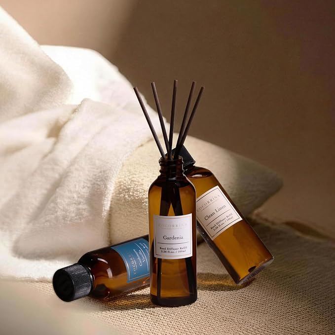 Reed Diffuser Refill Set, 10.2oz Scented Oil Refill 3 Pack, Clean Linen, Cashmere Vanilla, Gardenia, Long Lasting Oil Diffuser Refill with 18 Sticks for Bathroom & Bedroom