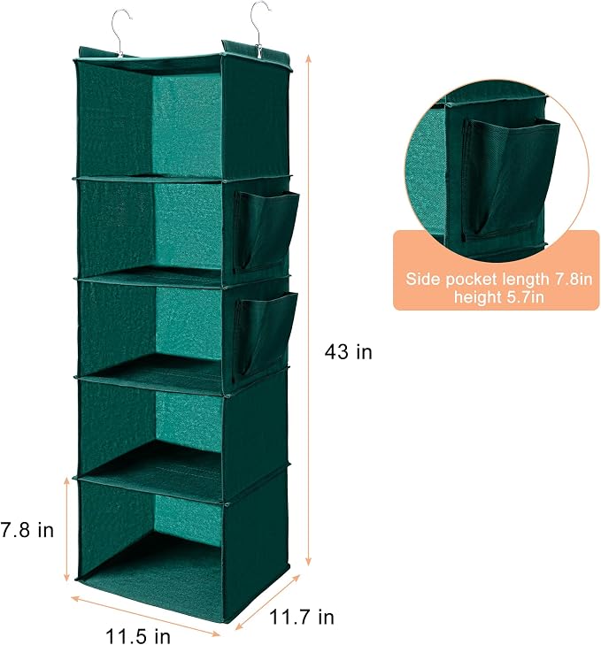 BOOMIBOO Hanging Closet Organize and Shelves,5-Hanging Shelf（Green） | with 2 Side Pockets，Storage Foldable