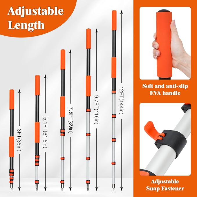 12FT Car Wash Brush with Long Handle, RV Wash Brush with Soft Chenille Microfiber Mop, Mitt and Windows Squeegee, Extendable Cleaning Kit for Truck, Boat or House Siding Ceiling, 5Pack