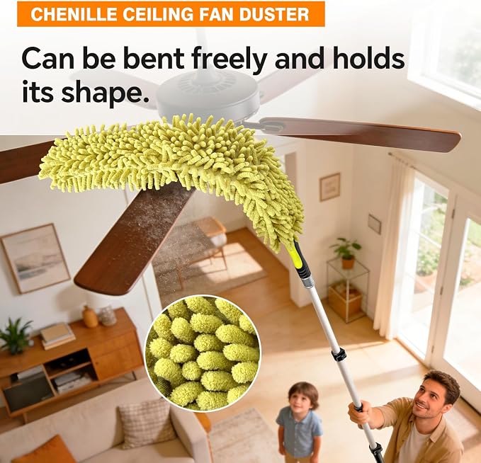 4-in-1 4-12Ft 4-Stage Telescoping Extension Pole Kit for Cleaning | Feather Dusters with Bristles for Outdoor Indoor, 4-Stage Spider Web Remover with Telescopic Pole for Ceiling Wall Yellow