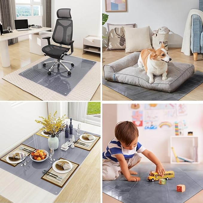 [Tempered Glass] 46" x 55" Glass Chair Mat, Heavy Duty Hard Tempered Glass Mat with Round Corner and Polished Edge, Transparent Glass Office Chair Mat for Office and Home Hard Floor or Carpeted, Grey