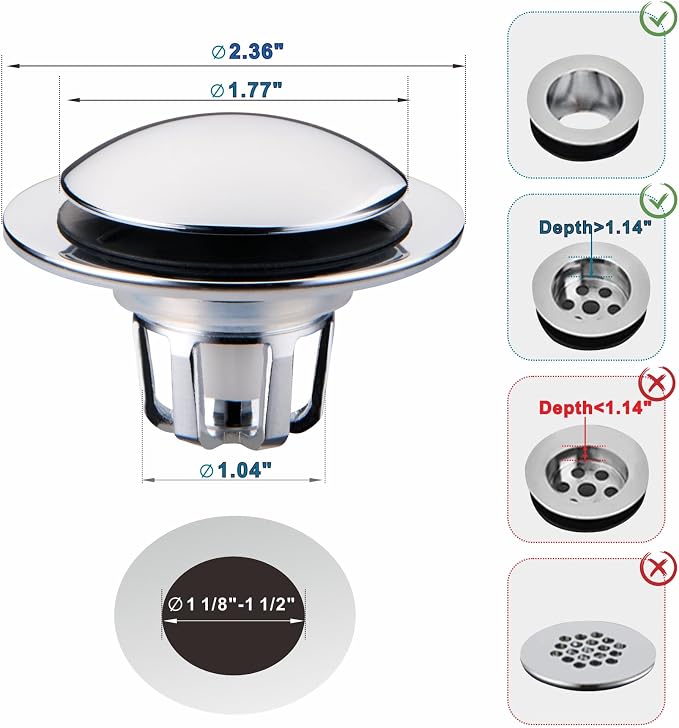 Chrome Bathroom Sink Drain Stopper,Welsan Universal Pop-Up Drain Stopper Plug Strainer with Hair Catcher for 1 1/8"-1 1/2" Drain Hole-2 Pack
