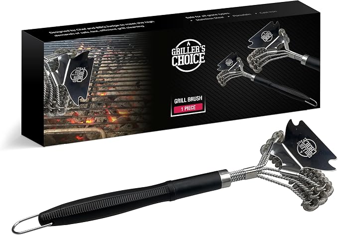 Grillers Choice Commercial Grill Brush - 2 Headed Double Helix Coils, Bristle Free, 18" Long Handle, 3 in 1 Professional Barbecue Cleaner, Stainless Steel, All Grill Types.