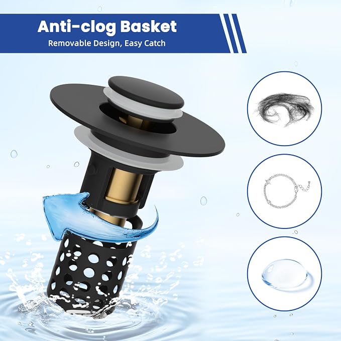 Universal Bathroom Sink Drain Strainer Hair Catcher, Matte Black | Upgraded with Removable Stainless Steel Filter Basket, 3 in 1 Pop Up Sink Stopper for 1.1''~2.36'' Sink Basin Hole