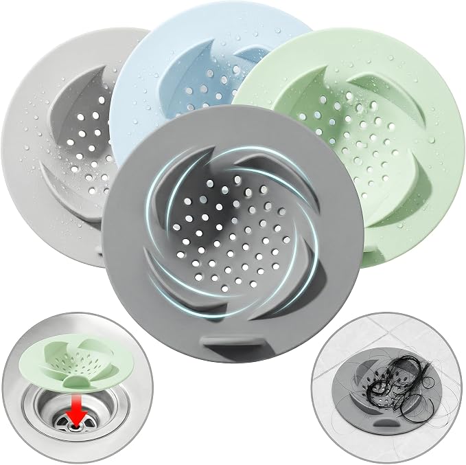 Li&Zhao 4 Pack Sink Drain Strainer Set – Vortex-Flow Silicone Bathroom Sink Strainer for Kitchen and Bathroom Drains, Universal Anti-Clog Hair Catcher and Food Trap, Fits Most Standard Sinks