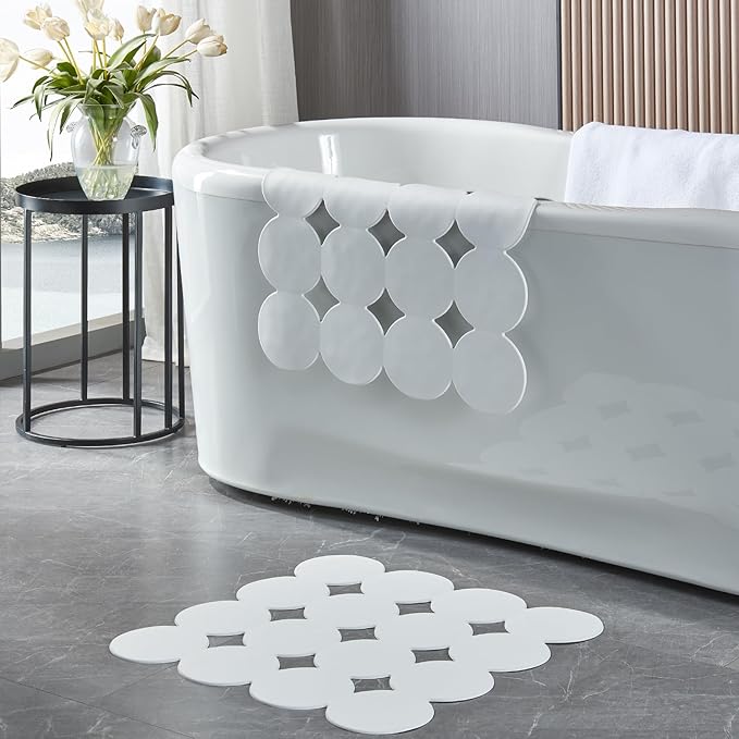 Square Shower Mat Nonslip - 2PCS Rubber Bathtub Mat with Suction Cups for Inside Shower Bathroom Floor (White, 21X21)