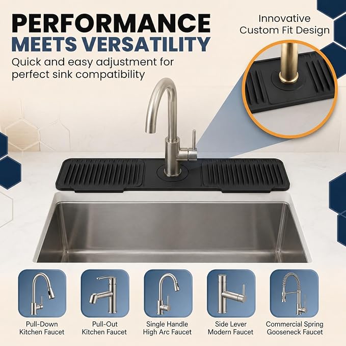 24x5.5 Inch Silicone Faucet Mat for Kitchen Sink - Kitchen Sink Splash Guard with FREE Rubber Drain Insert, Faucet Guard Draining Mat & Sink Water Splash Guard (Black)