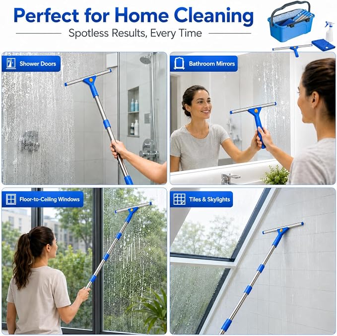 120“Professional Squeegee Window Cleaning Kit with Extension Pole | Streak-Free Silicone Blade,Smooth & Quiet Glide,for Shower Glass Door,Enclosure Cleaning,High Windows