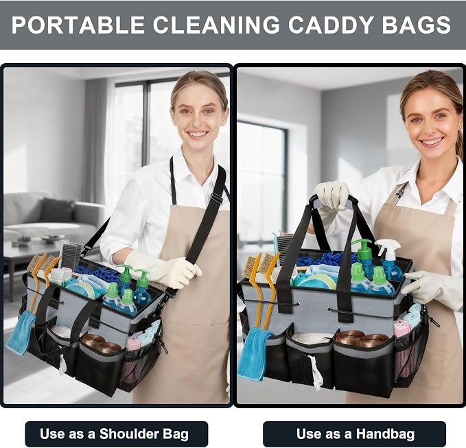 ALSLEA Large Cleaning Caddy Bag 15" x 10½" x 9" Heavy-Duty Organizer Tote for Home, Housekeepers, Janitors Cleaning Caddy for Cleaning Supplies with Shoulder Strap & Multiple Pockets (Gray)