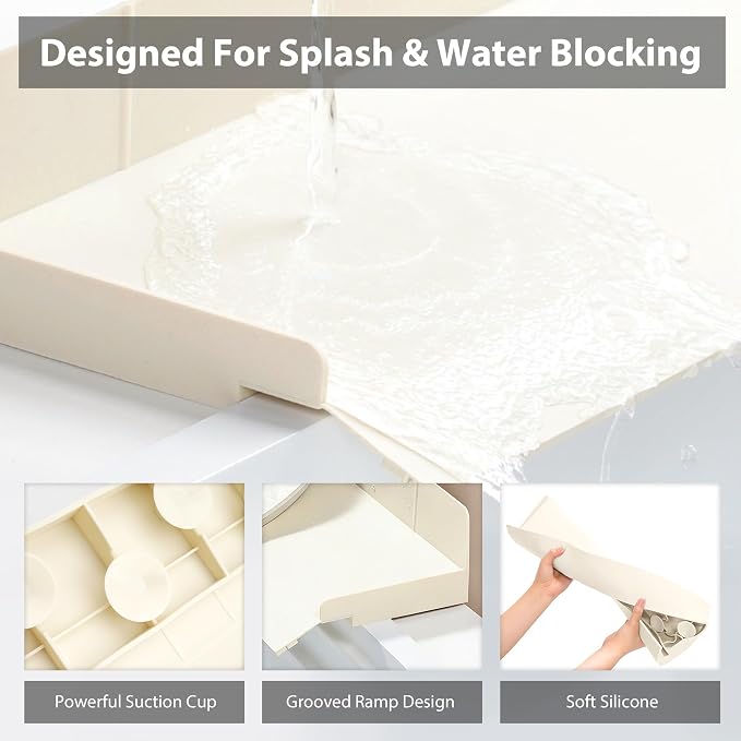 Full-Coverage Sink Splash Guard – 27.6 Inch Extra-High Ramp with Super Strong Suction Cups, Silicone Sink Splash Guard with Front-Edge Storage for Kitchen (White, 27.6''x4.7''x2.8'')