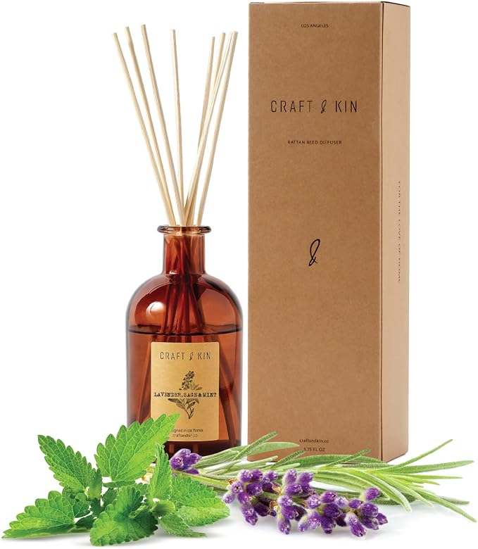 Craft & Kin Sage, Mint & Lavender Reed Diffuser – 5.75 oz Essential Oil Diffuser for Home & Bathroom – Up to 120-Day Fragrance with 8 Rattan Scent Sticks – Amber Glass Room Decor