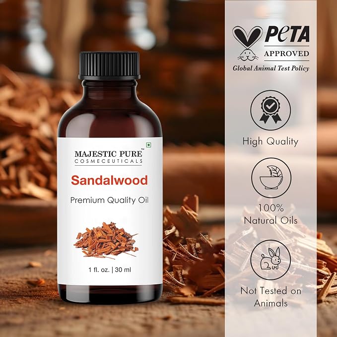 Majestic Pure Essential Oil with Glass Dropper - 100% Pure and Natural - Essential Oils for Diffuser, Aromatherapy, Soap and Candle Making, Sandalwood Essential Oil, Sandalwood Oil, 1 Fl Oz | 100% Natural Essentials Oils Ideal for Humidifier, Air Fresh...