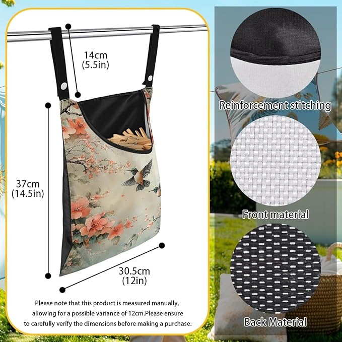 2 Pcs Hummingbird and Flowers Clothes Pin Bag, Small Hanging Laundry Bag with Hanging Rope Clothespin Bag for Clothes Line Clip Easy Access Clothes Pin Holder for Home Outdoor