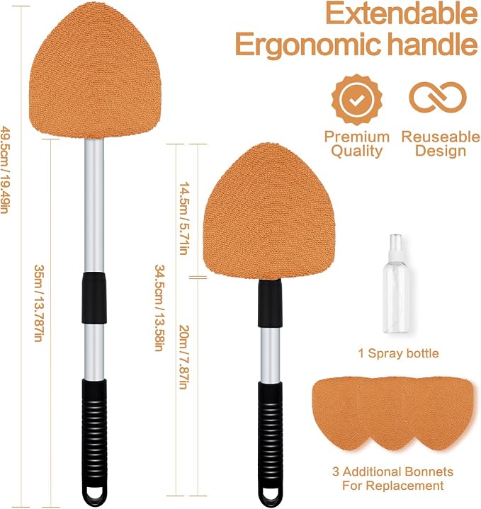 Windshield Cleaner Tool 22.5" L - Car Interior&Exterior Window Cleaning Kit with Extendable Handle&4 Microfiber Pads and Thick Large Wash Sponge,Auto Glass Wiper Brush Kit for Cars Home (7pcs Orange)