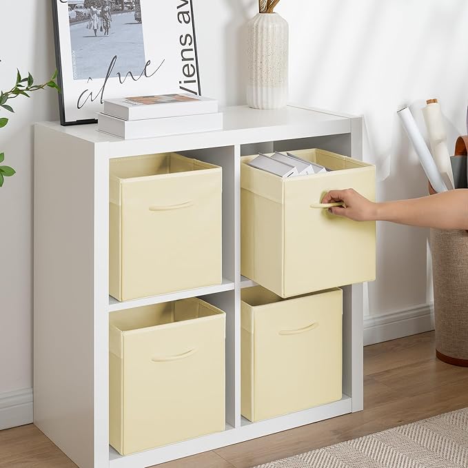 StorageWorks Beige Storage Cubes, 11 Inch Cube Storage Bins with Handle, Cube Storage Organizer Bins for Shelves and Closet, Collapsible Storage Bins, 4-Pack
