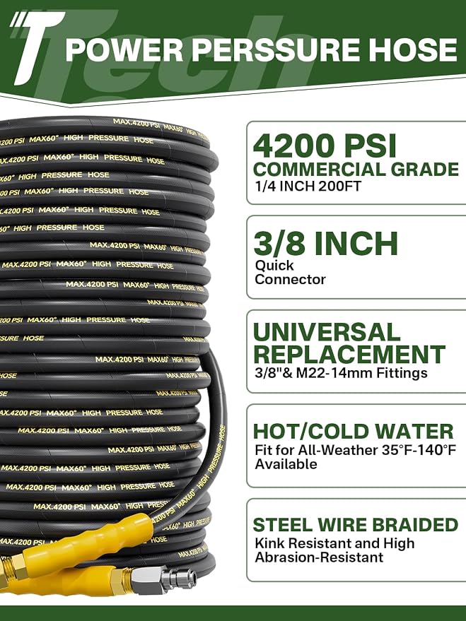 4200PSI Pressure Washer Hose 200FT with 3/8" Swivel Quick Connect for Cold/Hot Water, Kink Resistant Steel Wire Braided,1/4" Wear Resistant Power Washer Hose with 2 M22 14mm Adapter Set