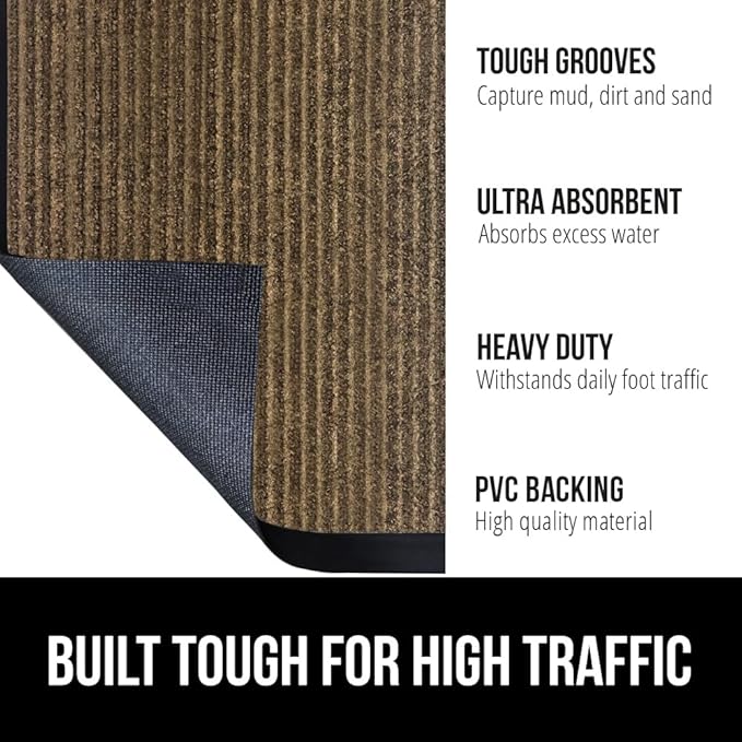 GORILLA GRIP Traffic Guard Door Mat, 2 Pack, Heavy Duty Waterproof Doormat, Commercial Office Space Welcome Mats, Stain and Fade Resistant, Low Profile, Strong Rubber Backing, 35x23, Brown