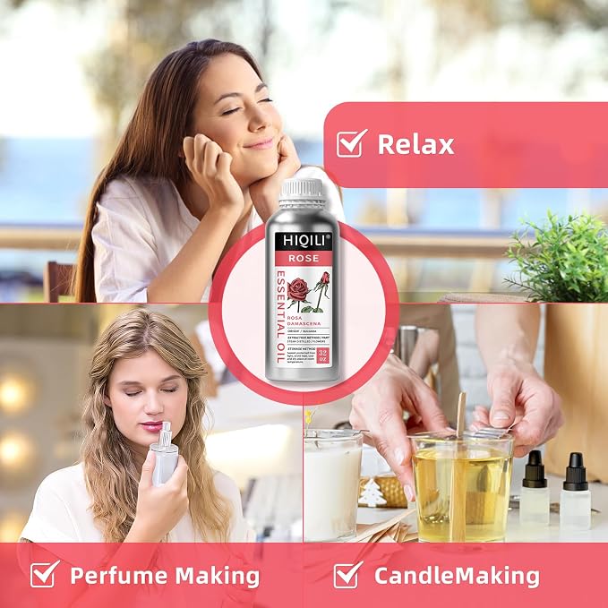 HIQILI Rose Essential Oil Large Capacity for Skin Care & Body Massage | Ideal for Perfume Blending, Candle Making, Diffuser, Hair Care, Oil Soluble, Soft Romantic Scent - 1000mL / 32 fl.oz