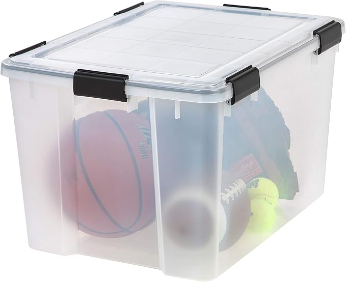 IRIS USA 4-Pack WeatherPro 74 Qt Clear Plastic Gasket Boxes with Latching Lids – Weathertight Heavy Duty Stackable Storage Containers for Clothes, Food, Tools or Camping Gear
