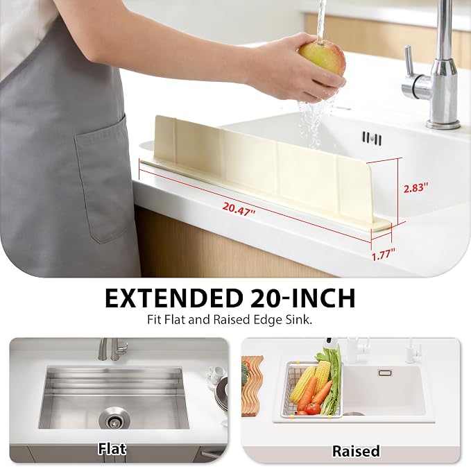 20Inch Silicone Sink Splash Guard with Strong Suction Cups, Flexible Kitchen Sink Splash Guard for Front/Back of Sink, Easy to Clean Splash Guard for Kitchen & Bathroom (White, 20.5''x2.8'')