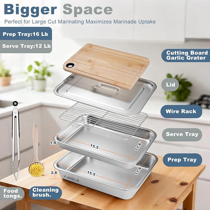 Grilling Prep and Serve Trays,Stainless Steel Large Capacity Food Prep Trays with Lid, Cutting Board Cooling Rack Food Tongs and Cleaning Brush,BBQ Accessories Gift