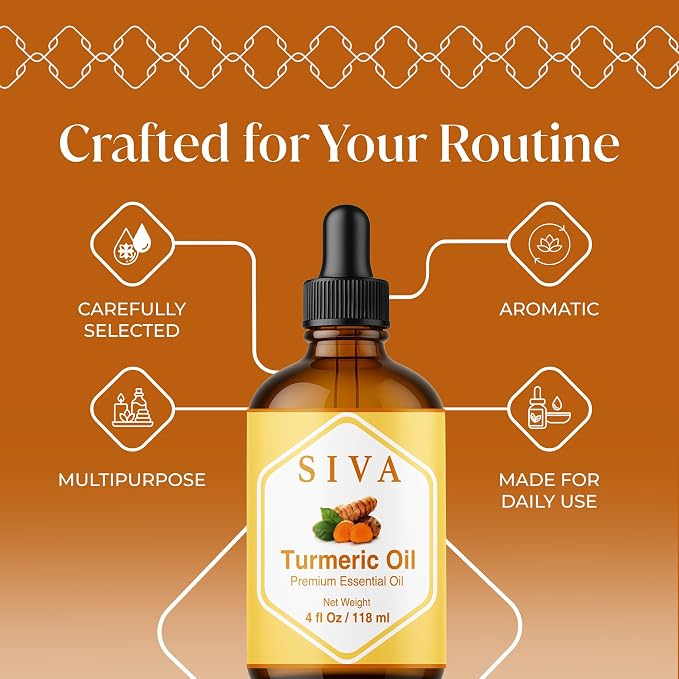 Siva Turmeric Essential Oil, Glass Bottle with Dropper, 4 Fl Oz (118 ml) | Turmeric Oil for Skin Care, Face Care, Hair Care, Body Massage, Diffuser, Soap Making, Candle Making, Blending & DIY Projects