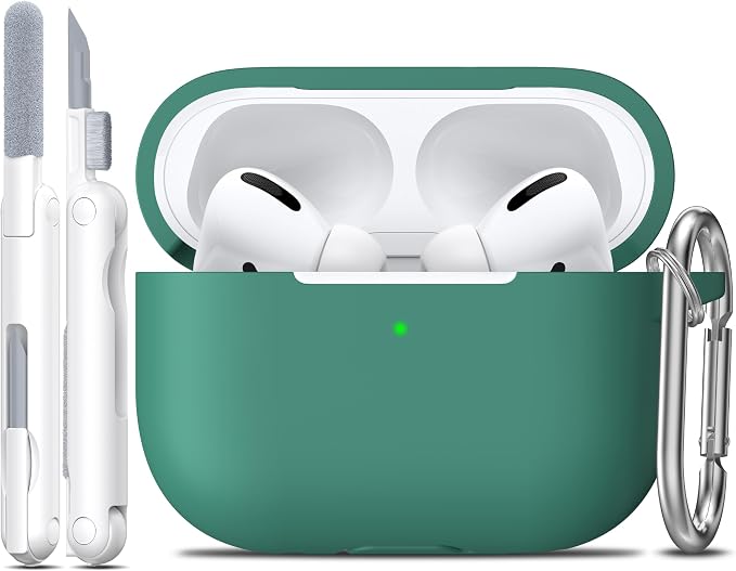 R-fun for AirPods Pro 2 Case, Soft Silicone Protective Cover with Keychain and Cleaning Pen, Compatible with AirPods Pro 2nd/1st Generation, Supports Wireless Charging, Pine Green