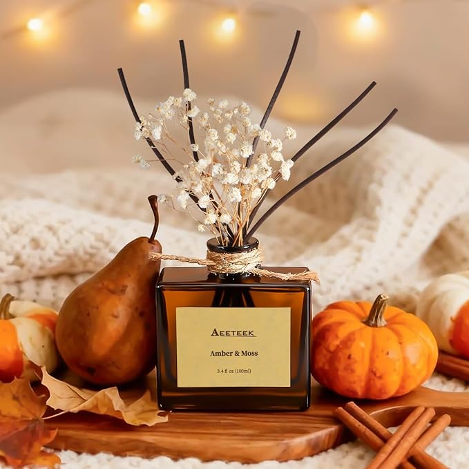 Reed Diffuser, Amber & Moss Essential Oil Diffuser with Dried Flowers, 3.4 oz Scented Oil Air Freshener, Handmade Home Decor, Long-Lasting Room Scent Fragrance for Office, Bathroom | 3.4oz(100ml) Scented Oil Air Freshener, Handmade Home Decor, Long-Las...