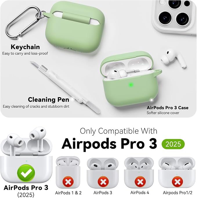 for AirPods Pro 3 Case 2025,Come with Cleaner Kit,Pastel Green | Silicone Protective Cover for Airpod Pro 3rd Generation Case with Keychain,for Women Men,One-Piece Design,Shockproof