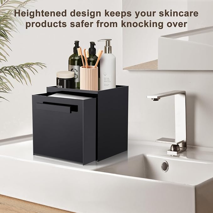 Acrylic Disposable Facial Towels Holder, Wall-Mounted, Glossy Black | Premium Thicken Acrylic | Compatible with Clean Skin Club Towel XL | Skin Care Organizer with Drawer | Bathroom Vanity