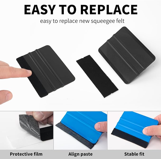 Squeegee for Vinyl, 4 Inch, Black and Dark Blue, 2 Pcs | Extra 2 Felt Replacements, Non Slip Plastic 4 Inch Squeegee, Scratch Free Bubble Elimination, Tool for Car Wrap Window Tint