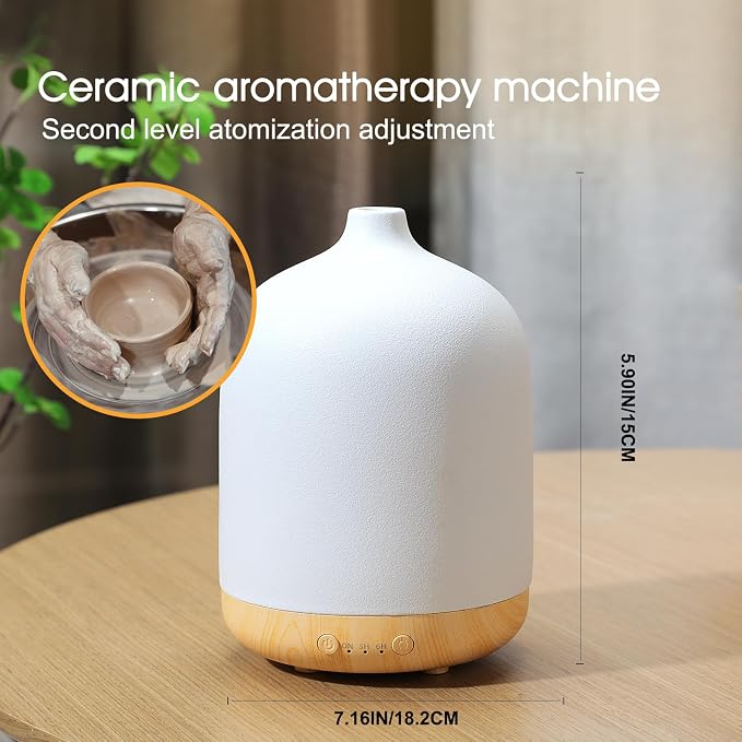 250ml Ceramic Essential Oil Diffusers for Home, Aroma Defusers | Decorative Bedroom Aromatherapy Scent Air Diffuser Ultrasonic 250ml with Timed-White