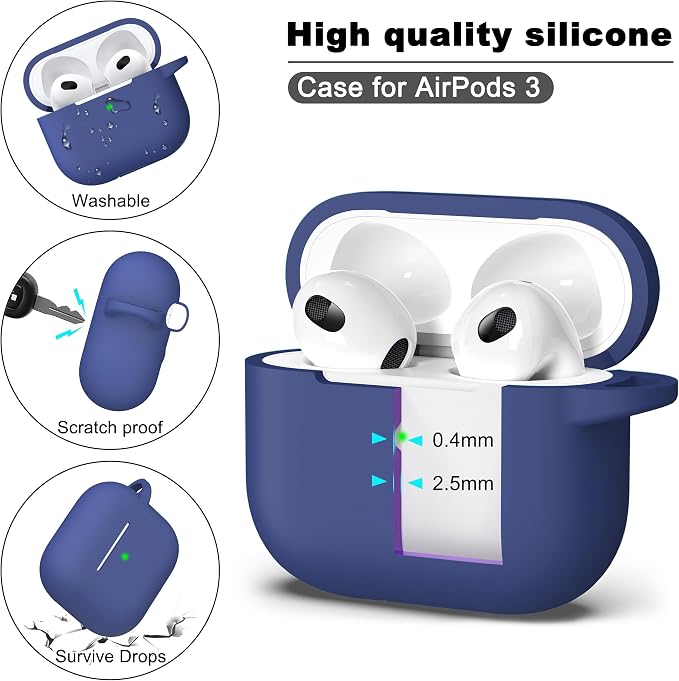 R-fun Compatible with AirPods 3 Case Cover, Silicone Protective Accessories Skin with Keychain Compatible with Apple AirPod 3rd Generation 2021 for Women Men Girls Boys,Front LED Visible,Royal Blue