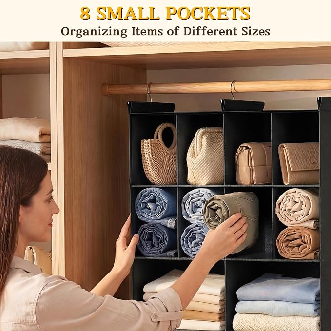 3 Tier Hanging Closet Organizer, 10 Compartments Dual Row Storage, Black | Closet Organizers and Storage with Large & Small Pockets, 3 Sturdy Hooks Support Heavy Loads, for Dorm, RV, Garment Rack