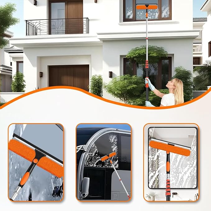 14" Extra-Wide Window Squeegee with 5-24FT Extension Pole | 30FT High Reach Window Cleaning Kit with- 2-in-1 Professional Window Scrubber, for Indoor & Outdoor High Windows,RVs
