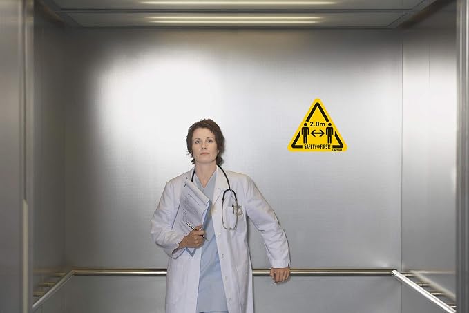 Tarifold Anti-Slip Social Distance Floor Signs, 5.9 x 6.7 Inches, 4 Pack | Permanent adhesive vinyl floor signs, scratch-resistant laminate, anti-slip surface, yellow and black, indoor use