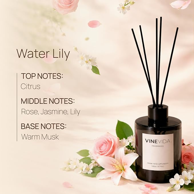 VINEVIDA | Water Lily | Reed Diffuser for Home & Bathroom | Long-Lasting Scent Sticks Set | Oil Stick Diffuser | Bathroom Scent