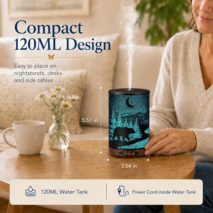Essential Oil Diffuser 120ML Metal Aromatherapy Diffuser with Timer, Cool Mist Humidifier with Auto Shut-Off & 7 Color Lights for Home Office Spa(Wild Bear)