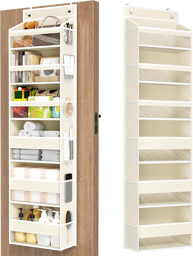 6 Tiers Over The Door Organizer, Behind The Door Storage Hanging Shelves | Heavy Duty Hanging Organizer Storage with Large Capacity Pockets for Closet Wall Bathroom Bedroom Nursery Pantry, 1 Beige