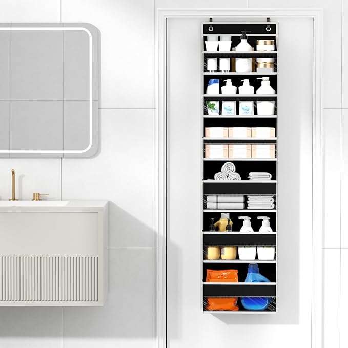 6 Tiers Over The Door Organizer, Behind The Door Storage Hanging Shelves | Heavy Duty Hanging Organizer Storage with Large Capacity Pockets for Closet Wall Bathroom Bedroom Nursery Pantry, 1 Black