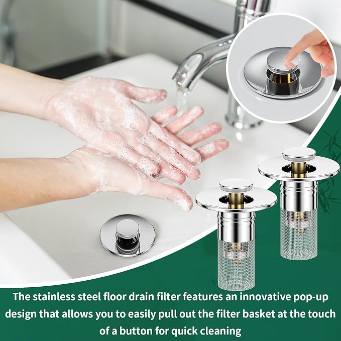 Vodolo 3 in 1 Sink Drain Strainer with Hair Catcher,4PCS Stainless Steel Popup Sink Stopper with Basket for Bathroom Kitchen Shower,Pop-up Bounce Core Floor Basin Drain Filter,Replacement Sink Plug
