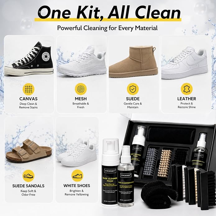 6-in-1 Shoe Cleaning Kit,Compatible with Birkenstock, with Plant-Based Foam, Deodorizing Spray, 3 Brushes & Microfiber Towel, for Sneaker, Leather, Nubuck, Boot, Suede, Athletic Shoes,etc