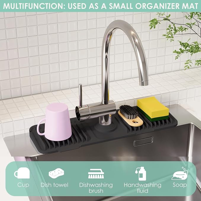 24 Inch Silicone Faucet Mat for Kitchen Sink Splash Guard - 7° Slope Water Draining Mat With Fasten Button for Bathroom Area (Black, 17.7''x5.5'')