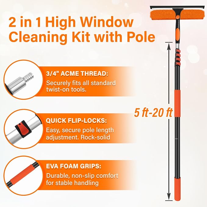 14" Extra-Wide Window Squeegee with 5-20FT Extension Pole | 26FT High Reach Window Cleaning Kit with- 2-in-1 Professional Window Scrubber, for Indoor & Outdoor High Windows,RVs