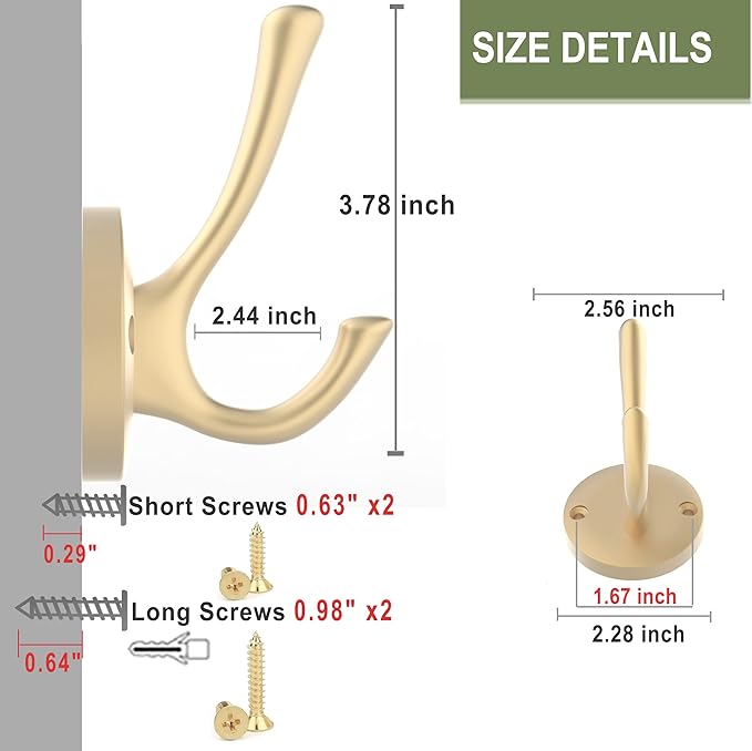 Gold Wall Hooks, 6 Pack Coat Robe Hook Heavy Duty Metal Double Bath Hook Wall Mounted, Hand Towel Hooks for Cubicle Bathroom Kitchen Closet Garage