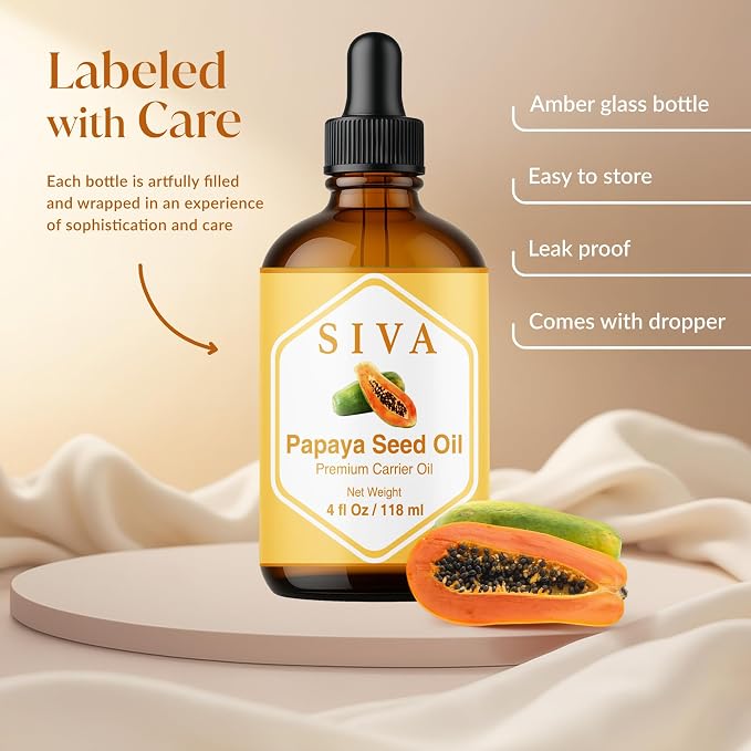 SIVA Papaya Seed Carrier Oil, Glass Bottle with Dropper, 4 Fl Oz (118 ml) | Papaya Seed Oil for Face Care, Skin Care, Facial Oil, Hair Care, Scalp Massage, Body Massage, Dilution & DIY Beauty Blends